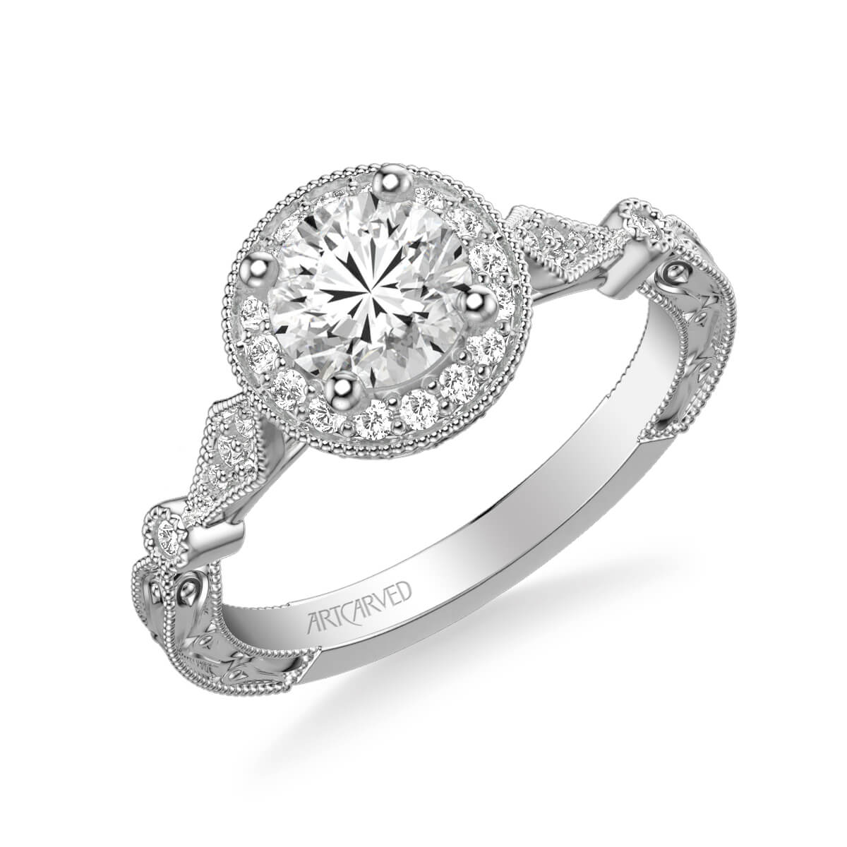 Classic halo engagement ring setting with round diamond band (G52-CURD150- halo) - Crisscut® Diamond Jewelry